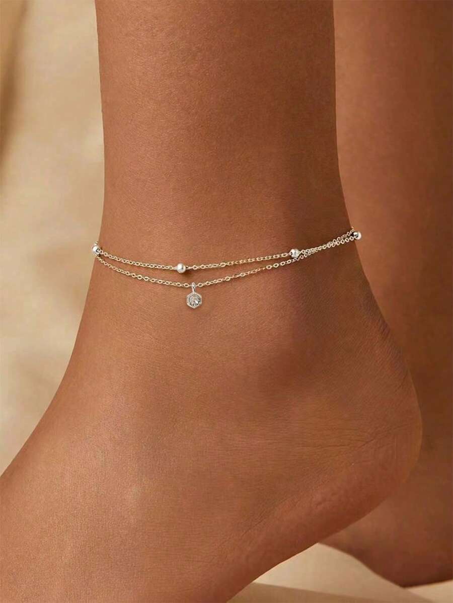 Nooxian 2pcs/Set Summer Beach Vacation Geometric Copper Pendant Cross Chain Pearl Anklet Set For Women (Random Bead Quantity)