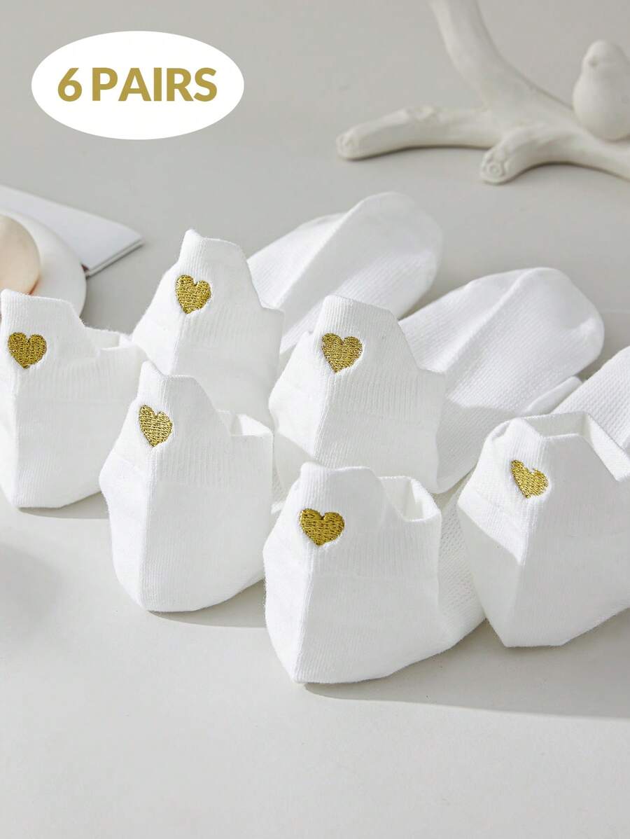 6 Pairs Of White Socks For Women, Gold Heart Embroidery Gorgeous Style Low Top Women's Boat Socks, Versatile And Simple Style