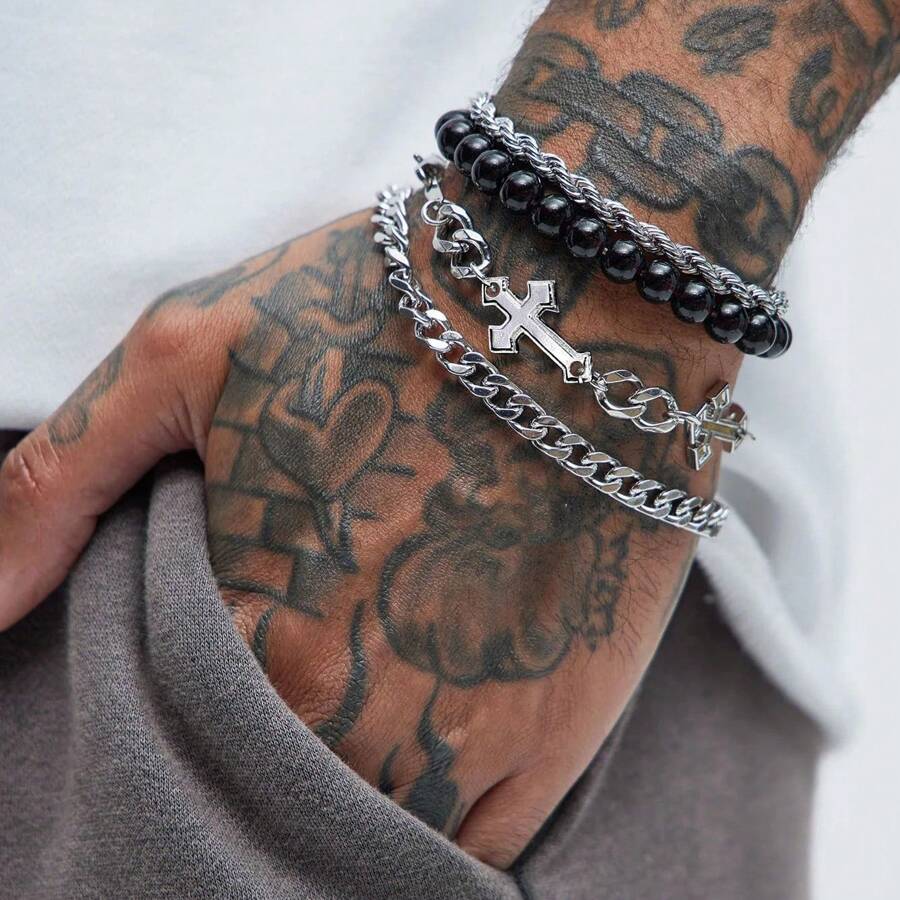 Set de 4 pulseras de acero inoxidable con cuentas en forma de cruz, estilo punk, para hombres, regalo