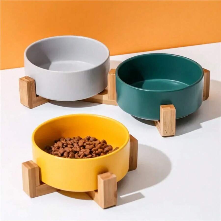 Dog Bowl Cat Bowl Ceramic Bowl Water Bowl Wooden Frame Protection Cervical Spine Tall Dog Drinking Bowl Pet Bowl Pet Supplies