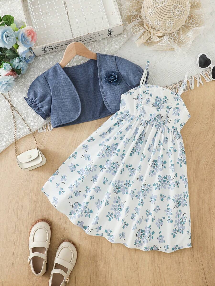 Set de 2 piezas vestido de tirantes informal con estampado floral pequeño y chaqueta para niñas, para vacaciones de verano