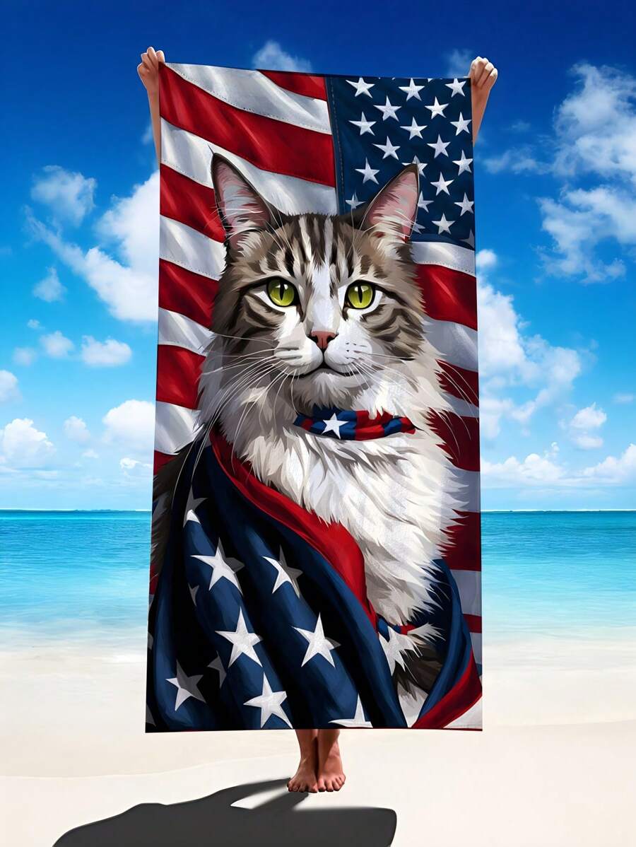 1 Stück patriotisch bedrucktes Katzen Mikrofaser Strandtuch, extra große Decke, super saugfähiges Badetuch, geeignet für Reisen, Schwimmbad, Schnorcheln, Surfen, Yoga, Camping, verschiedene Größen, Strandaccessoire Strandutensilien