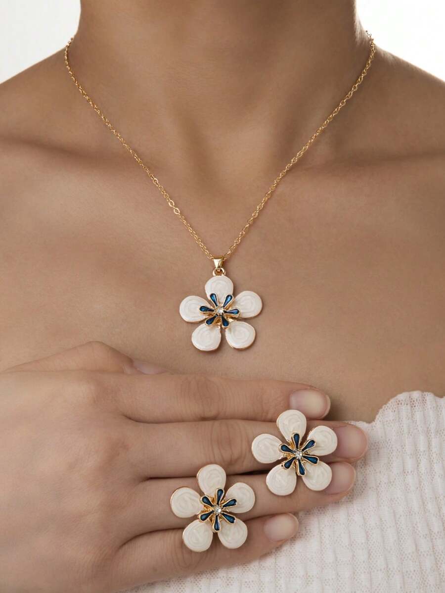 1 Paar Ohrringe & 1 Halsketten Set, modisches Legierungs-Strass-Email-Blumen-Design Ohrringe und Halskette Set, geeignet für den täglichen Gebrauch