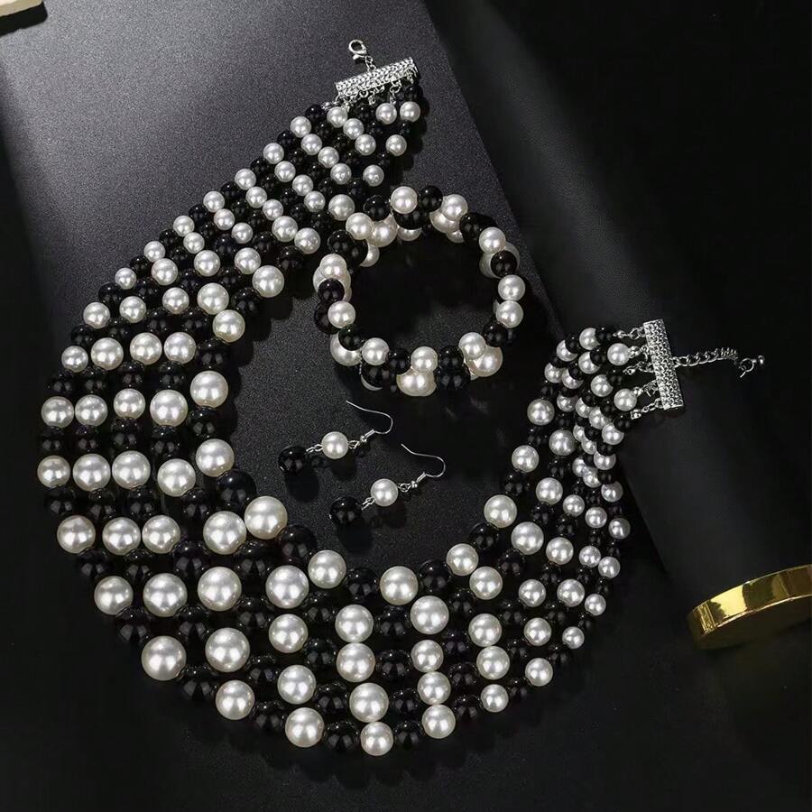 4pcs/Set Exquisite Necklace And Earring Set With Black And White Pearls - Ideal For Important Events Valentine's Day