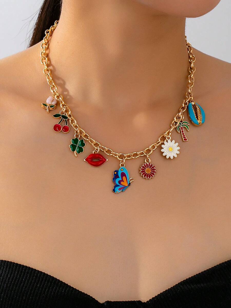 1pc Women's Enamel Chain Pendant Necklace With Versatile Elements Like Butterfly, Flower, Clover, Cherry, Shell, Suitable For Daily Wear And Party