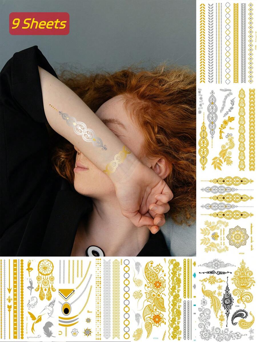 9pcs Gold Metallic Temporary Tattoo Stickers For Women - Boho Vintage Glitter Designs With Lace, Feathers, Butterflies, Mandalas & Patterns, Great For Parties And Everyday Wear