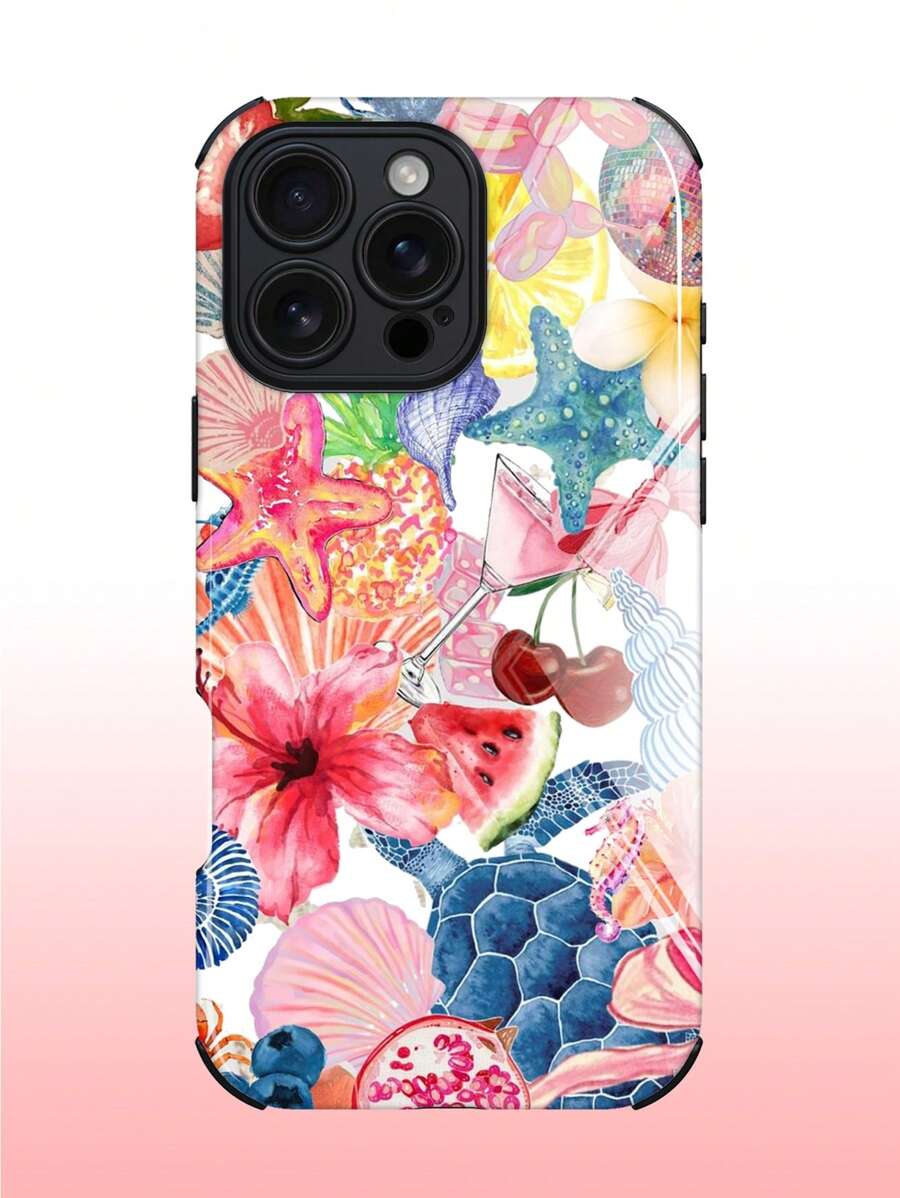 1 pieza Nueva Funda híbrida de TPU+PC a prueba de golpes, antideslizante y protectora con diseño de flor, tortuga marina y estrella de mar compatible con Apple 16/16 Plus/16 Pro/16 Pro Max