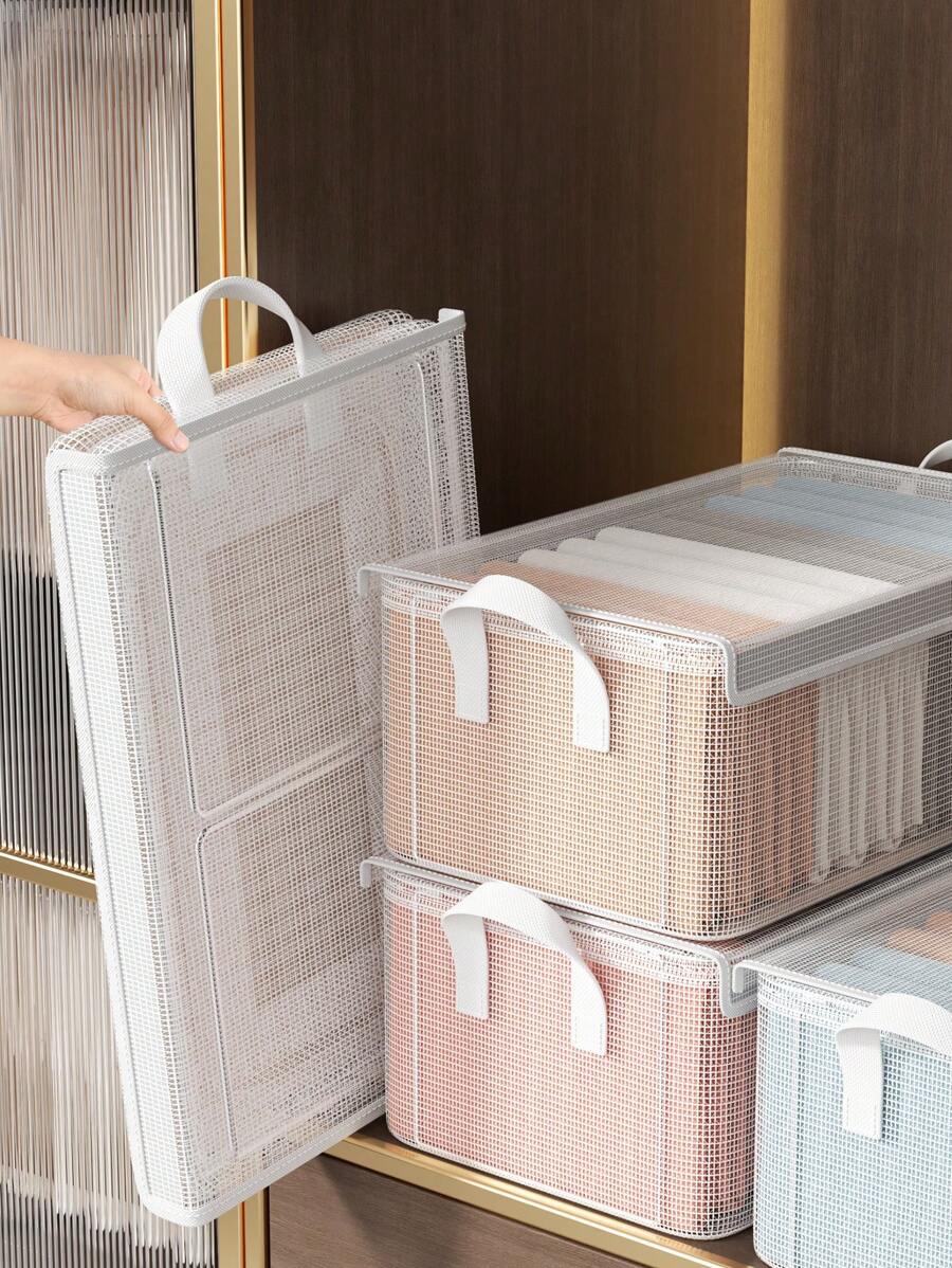 1pc Mesh Storage Box, With A Lid And A Transparent Storage Box, Supported By A Steel Frame For Greater Stability, Suitable For Storing Close Fitting Clothing, Daily Necessities, Travel Storage Boxes, Miscellaneous Storage Boxes, Wardrobe Storage Boxes