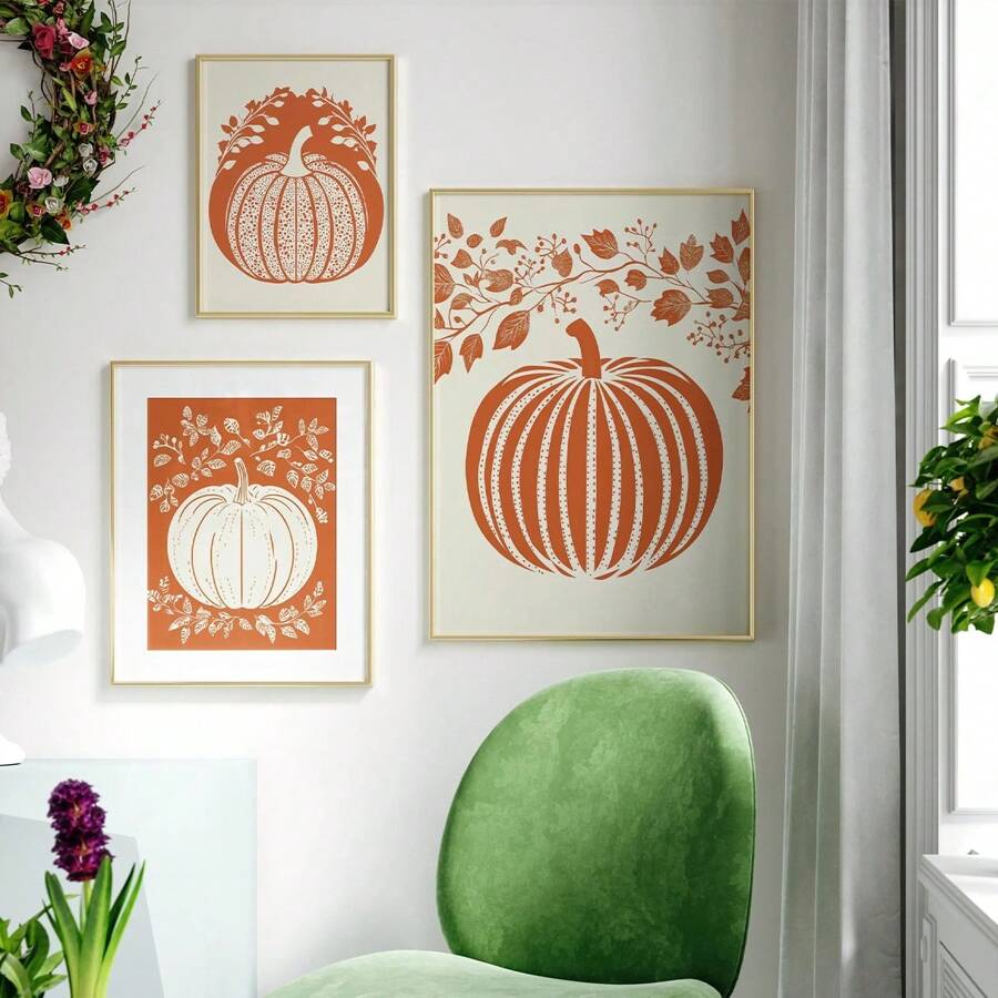 3PCS Halloween Pumpkin Wall Art Print Spooky Pumpkin Poster Kitchen Living Room Wall Decor, Farmhouse Print, Canvas Halloween, Room Decor Aesthetic, Posters For Room , Canvas Wall Art, Optional Frame,Wall Decor, Bedroom Decor. ,Halloween Decor Home Decor Fall Decor