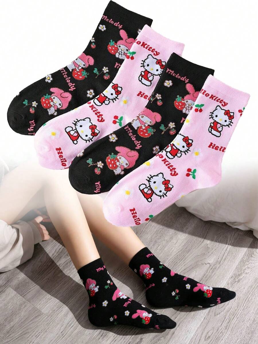 Sanrio 2 Pairs Sanrio Cartoon Socks Women Cute Socks, Comfortable, Breathable, Personalized Creative Anime, Mid Calf, Y2k, Machine Washable, For Couple, Men, Women