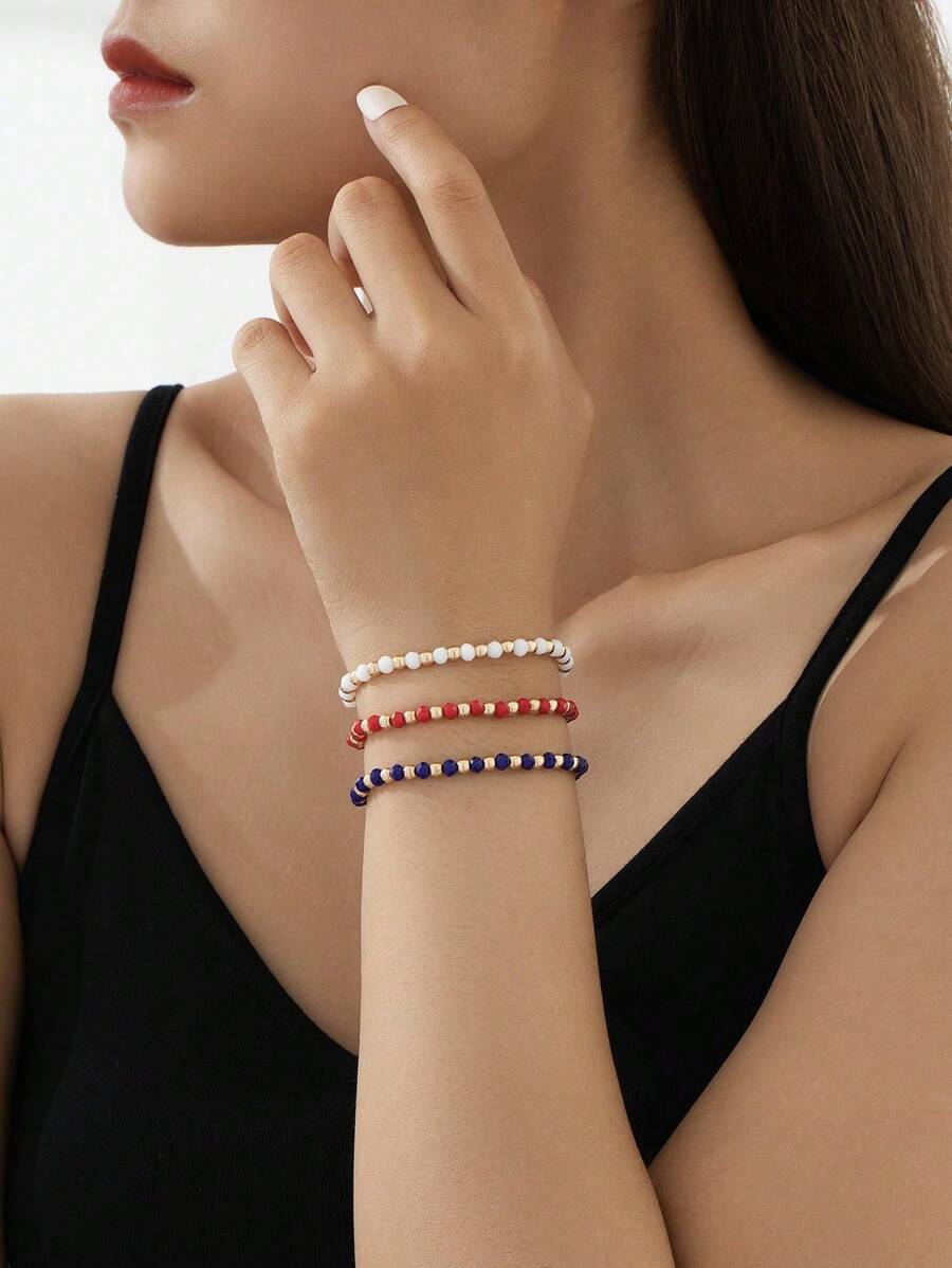 3pcs Set Beaded Bracelet, Minimalist Design In Red, White And Blue, Casual Everyday Wear, 4th Of July Independence Day Decoration