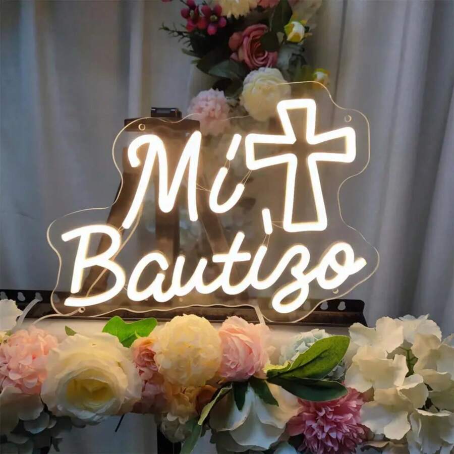Mi Bautizo Neon Schild - 40 x 28,5 cm LED Wanddekoration, USB betrieben für Geburtstagsfeiern, Taufen, Schlafzimmer & Garten Atmosphäre, am besten für Weihnachten