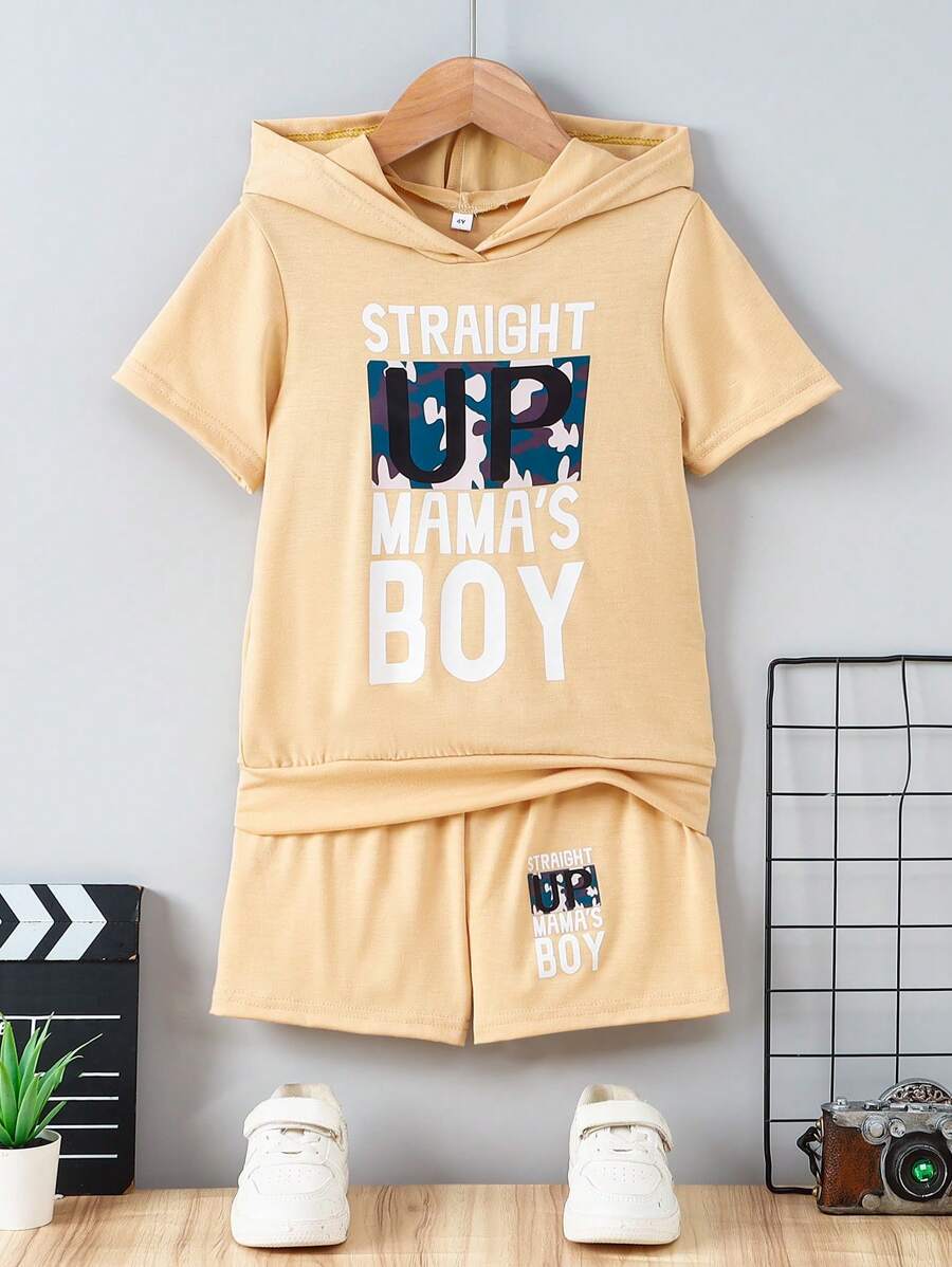 Set de 2 piezas de ropa deportiva informal de moda con estampado de letras para niños - top con capucha de manga corta y conjunto de shorts, ideal para verano