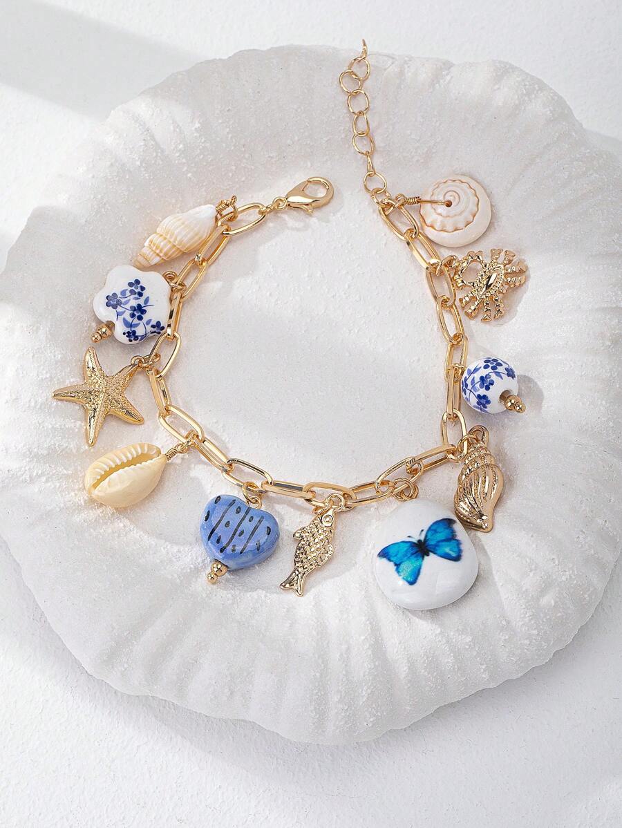 1pc Sea Life Elements Starfish Shell Charm Bracelet / Blue & White Porcelain Ceramic Charm Bracelet / Chain Bracelet With Butterfly Fish Crab Charms (Handmade Ceramic, Color And Shape Are Random)
