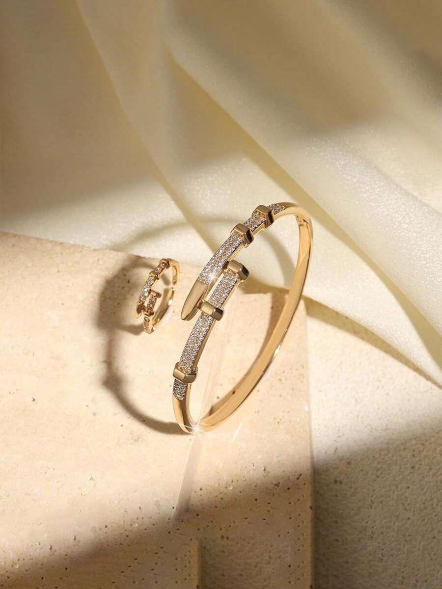 2 Peças Conjunto de Pulseira + Anel, Joias de Luxo, Joias da Moda para Mulheres, Elegante para o Uso Diário e Glamoroso para Festas, Presente Perfeito para Ela