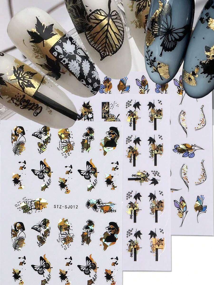 3 stuks zelfklevende 3D-bladnagelstickers met glitter, bloemen, gouden bladeren en vlinders. Y2K Fantasy Design-nagelstickers, manicure-stickers en nageldecoratie.