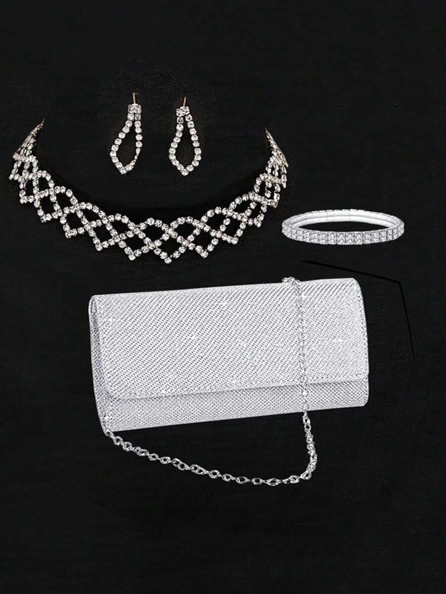 4 Peças Conjunto de Acessórios Femininos Versáteis e Elegantes, Bolsa Clutch, Bolsa de Ombro com Corrente, Colar Rendado com Strass, Brincos e Pulseira, Conjunto de Joias para Festas
