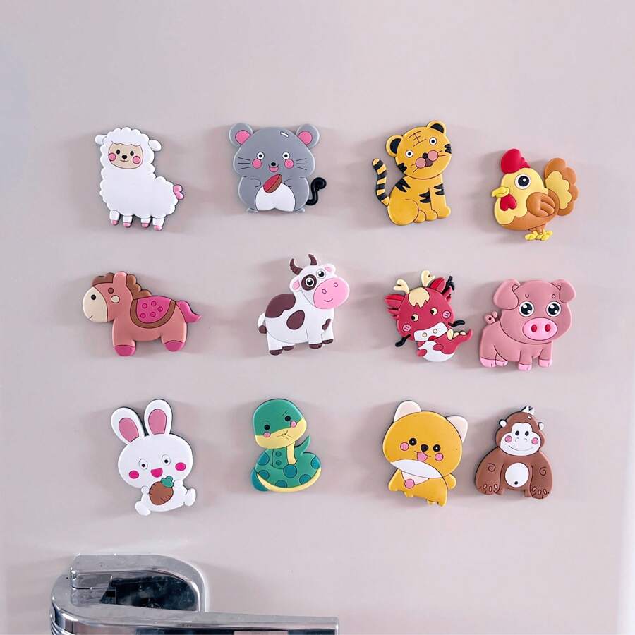 Set de 12 imanes de nevera con diseños de animales de dibujos animados - Imanes magnéticos flexibles de goma y PVC con signos del zodiaco para la nevera, la oficina, el lavavajillas, la pizarra blanca, el casillero - Ilustraciones educativas, decorativas y divertidas, diseños coloridos para la decoración del hogar