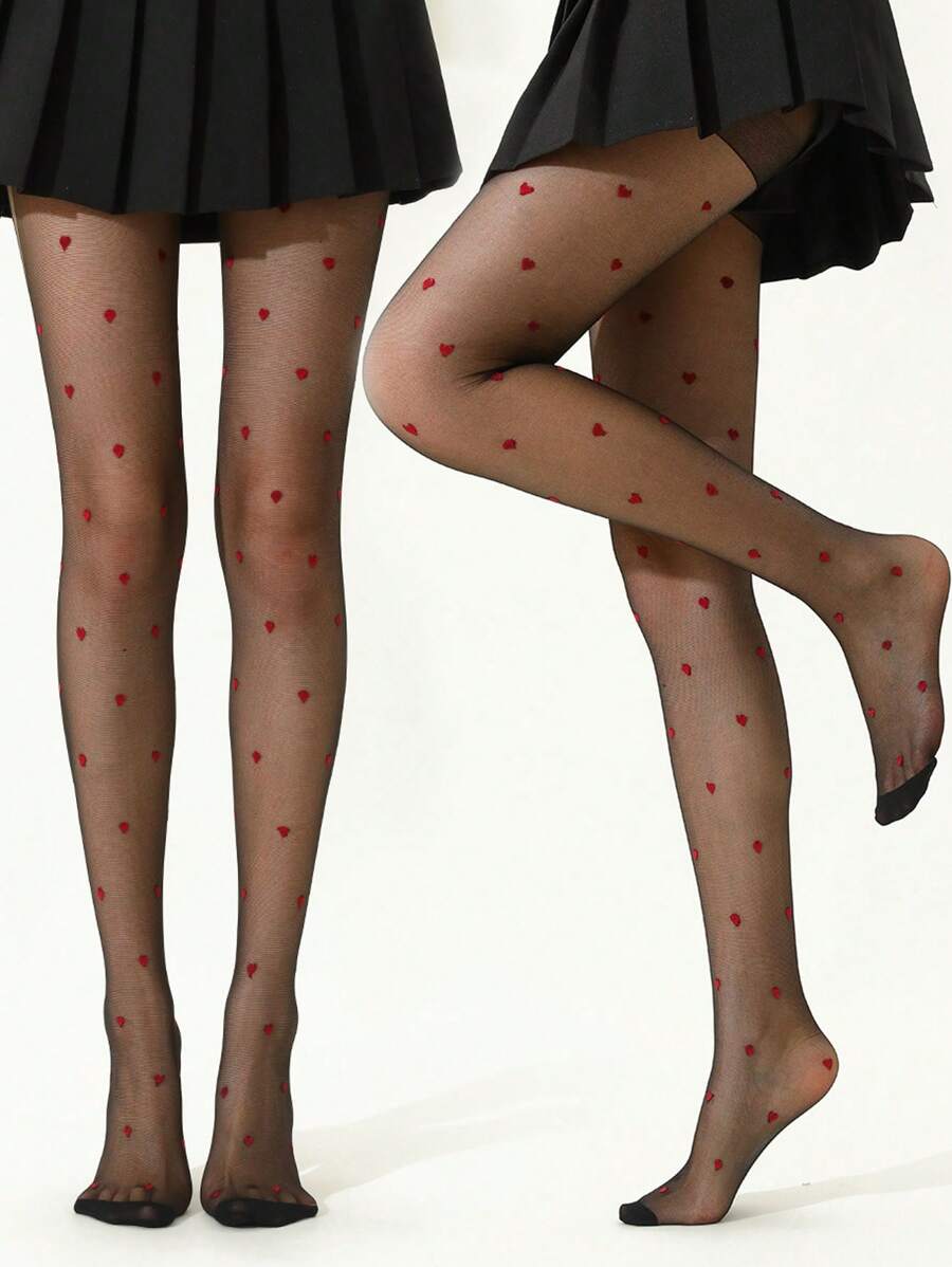 2 Pairs Women's Sexy Red Heart & Black Sheer Stockings/Pantyhose, Breathable Knit Fabric, Casual Wear, Spring/Summer/Autumn
