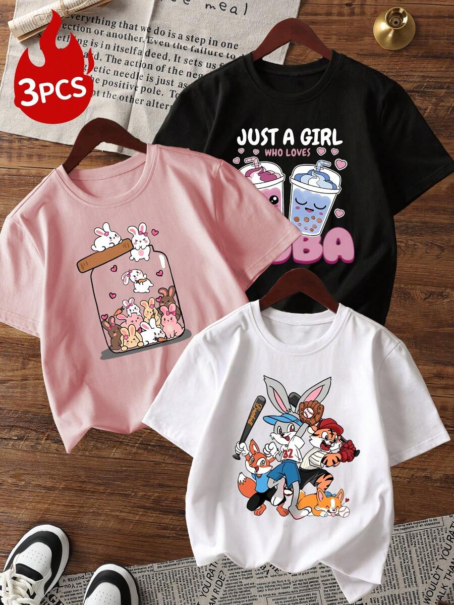 Set de 3 camisetas de manga corta, cuello redondo, estampadas y casuales para niñas, ropa de verano para estudiantes jóvenes - ¡Las camisetas coloridas traen alegría y felicidad a cada niño!