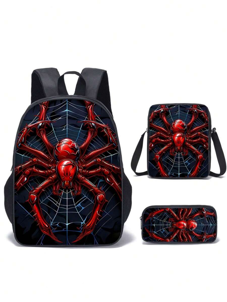 3 pièces Set de sacs à dos, Imprimé araignée/Imprimé jeu, Unisexe, Sac à déjeuner, Trousse, Sac à dos