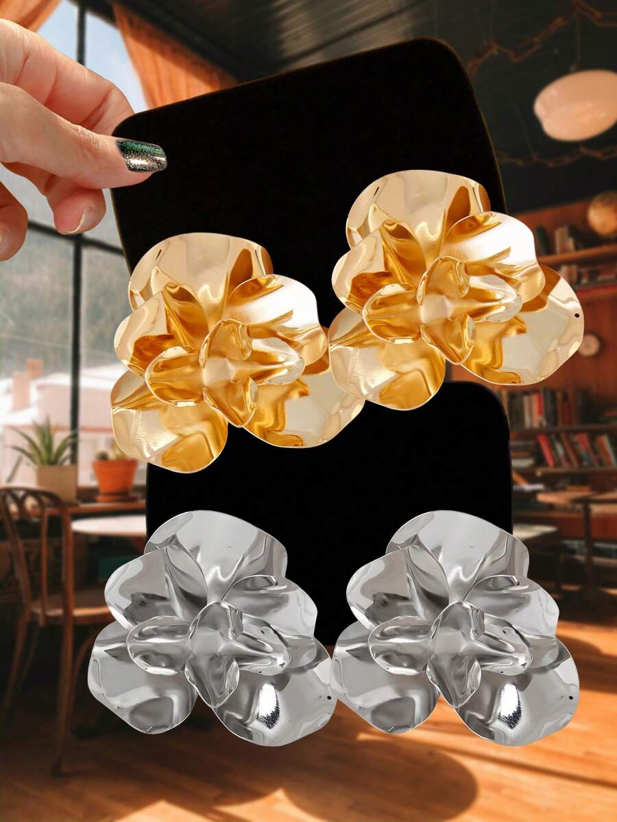 2 paires de boucles d'oreilles Ă tige exagĂ©rĂ©es Ă motif floral dorĂ© et argentĂ©, accessoires de mode pour femmes et filles, convenant pour le quotidien casual, les fĂȘtes et les robes du soir