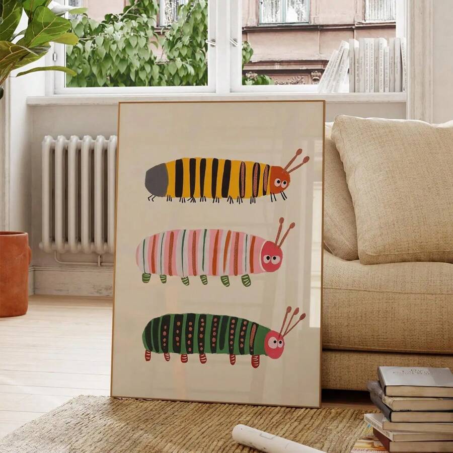 1 Stück/Set Insekten Wandkunst, Raupenposter-Drucke, moderne minimalistische bunte Insekten-Cartoon-Wandkunst für Schlafzimmerdekoration, ohne Rahmen