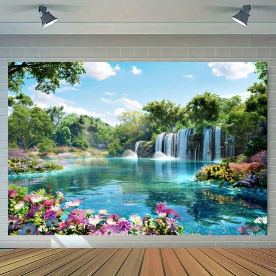 2D Lush Natural Landscape Forest Stone River Background - Perfect For Parties, Weddings, Birthdays, Festivals, Etc. - Durable Polyester Fabric - Suitable For Indoor And Outdoor Use