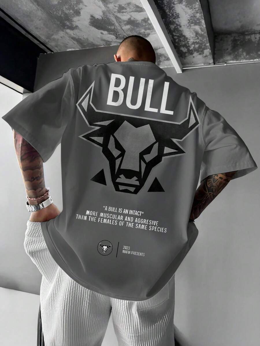 Camiseta de manga corta con cuello redondo y gráfico de toro, de verano, para hombres de talla grande, estilo urbano