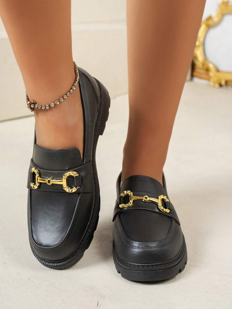 Women's Buckle Design Flat Loafers, Fashionable Black (Patterned Shoe Surface Is A Normal Phenomenon)