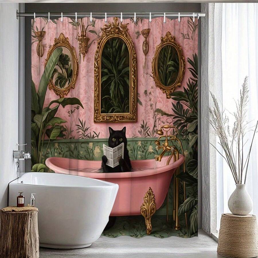 1 pièce Rideau de douche intéressant représentant un chat noir lisant un journal dans la baignoire. Une scène de salle de bain élégante et luxueuse, avec des feuilles tropicales et un cadre doré, en tissu de polyester, avec 12 crochets inclus. Convient pour la décoration esthétique moderne de la salle de bain, la décoration et les accessoires de salle de bain Rentrée scolaire
