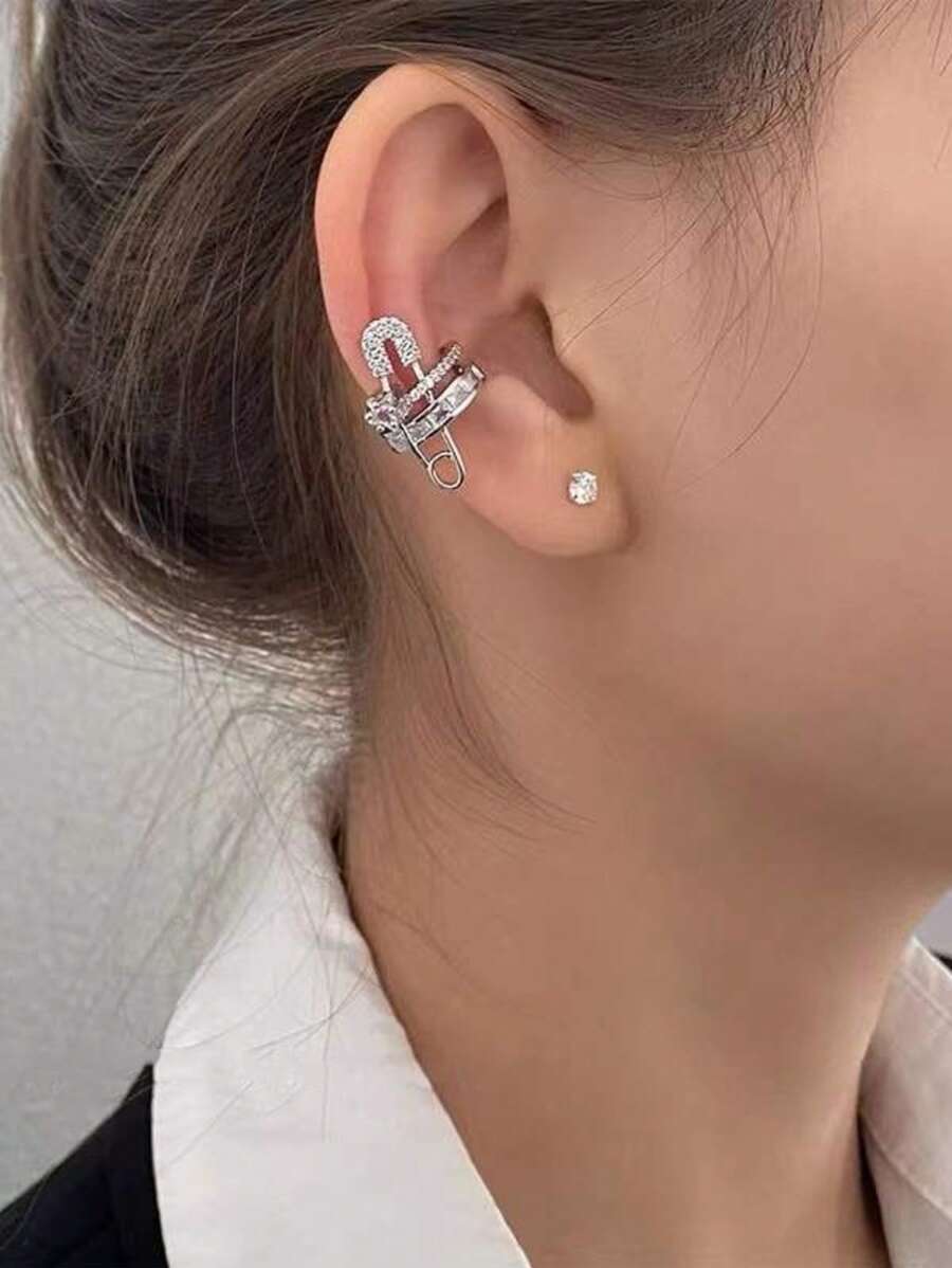 1pc Rhinestone Opening Adjustable Ear Clip Copper Personalized Pin Ring Design Five-Pointed Star Ear Clip