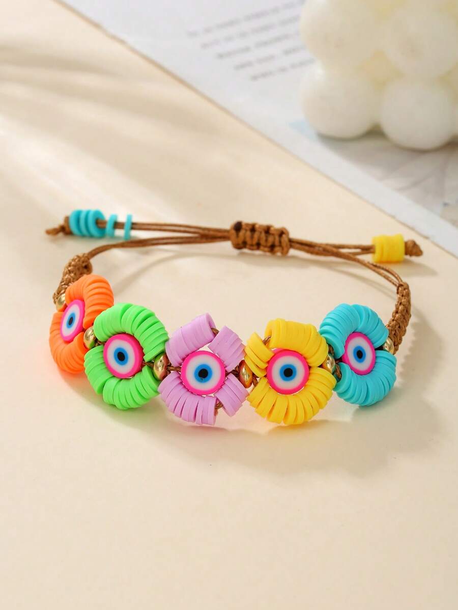 Pulseira de argila polimérica retrô boho com cores aleatórias, CCB, elemento olho grego, à prova d'água, fio encerado, feita à mão, adequada para uso diário feminino, roupa de festa de verão, praia, presente