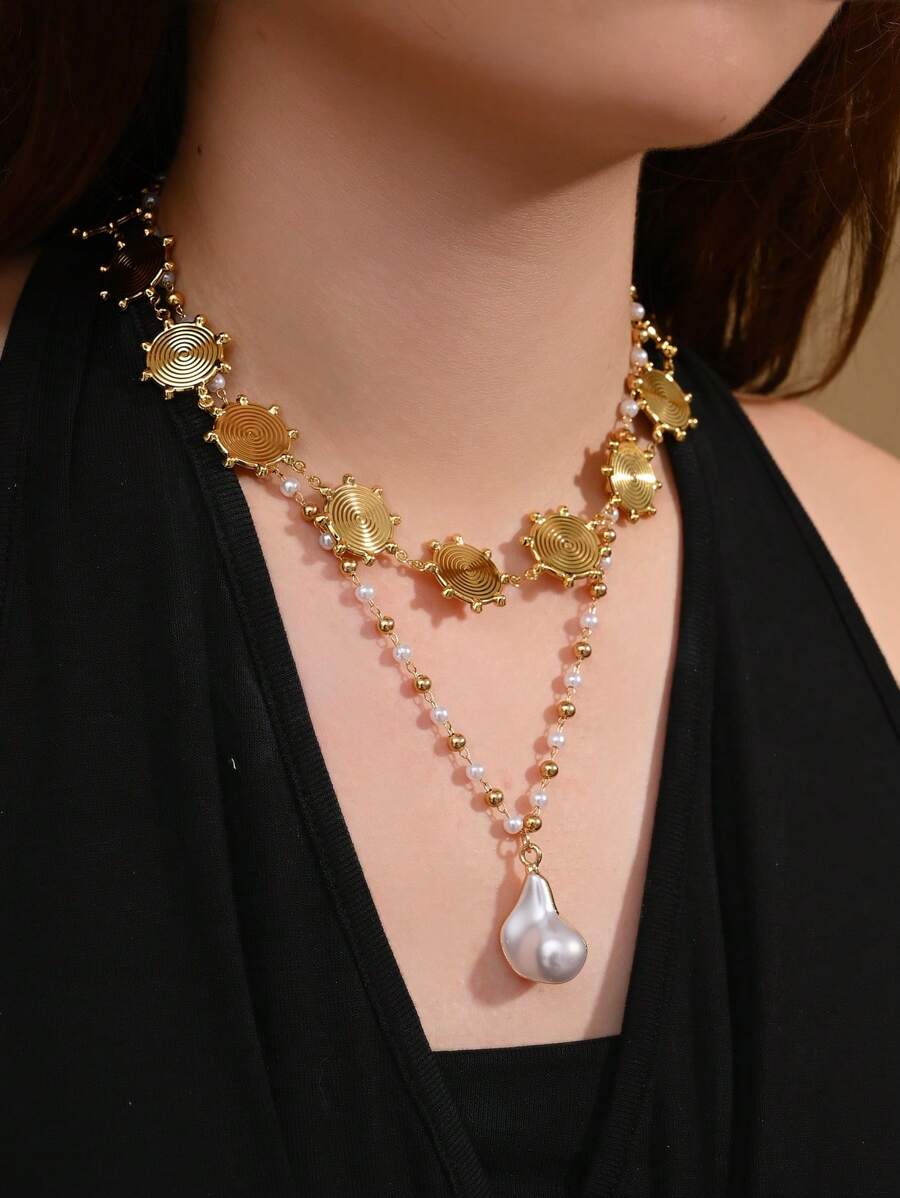 2er Set Halskette mit Edelstahl, goldplattierter Muschel, Niet Herz, Blume, Stern, Kreuz, Kunstperle, handgefertigt, für Damen geeignet für Alltag, Strand, Party, Urlaub, als Geschenk für Freunde