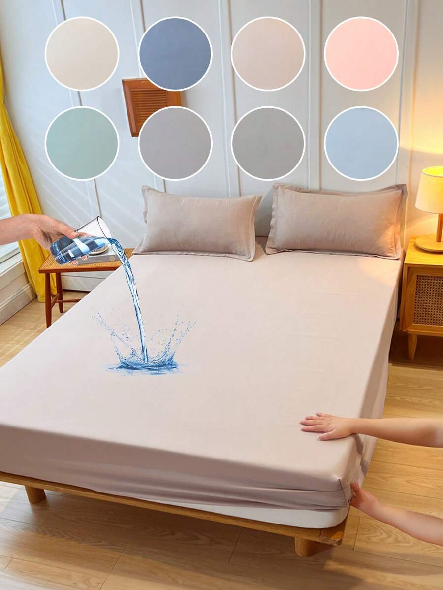 1pc Waterproof Bed Sheet, Bedding, Fitted Sheet, Solid Color Mattress Cover, Soft And Comfortable Bedding For Bedroom, Skin-Friendly Bed Cover, All Seasons, Fits For All Size Beds - Twin, Full, Queen, King, Dustproof Bedspread, Dustproof Non-Slip, Pillow And Pillowcase Not Included, Independence Day,Home Textile, Bedding Gifts, Machine Washable