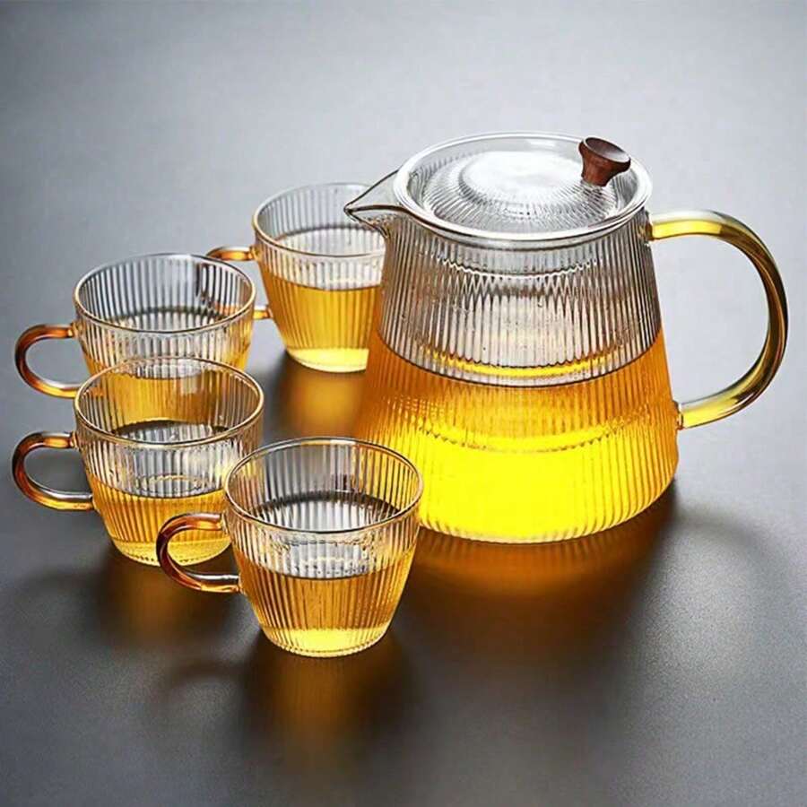 1pc Wholesale New Striped Glass Teapot, Thick Heat-Resistant, For Brewing Tea, Flower Tea And Filtering Water