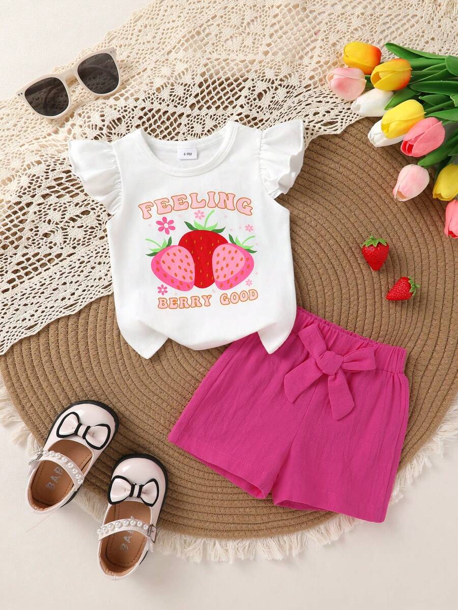 2pcs Baby Girls Casual Elegant Sweet Cute T-Shirt Set, Soft Breathable Comfortable Floral, Strawberry, Letter Print Ruffle Sleeveless Tee And Bow Decor Sports Shorts
