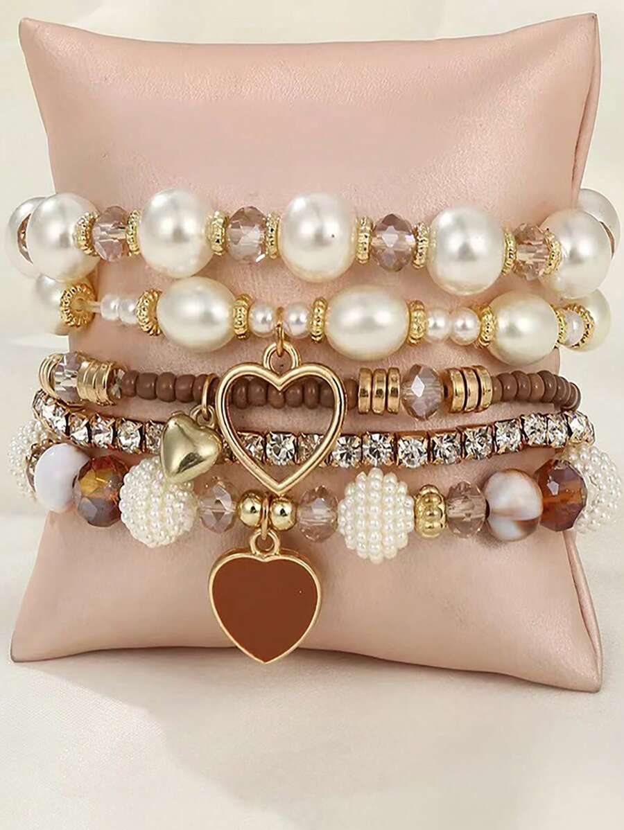 5 Stücke Set Damen Perlenarmband mit Herzanhänger, Strass-Gummiband-Armband, elegantes Perlenarmband, Alltagszubehör