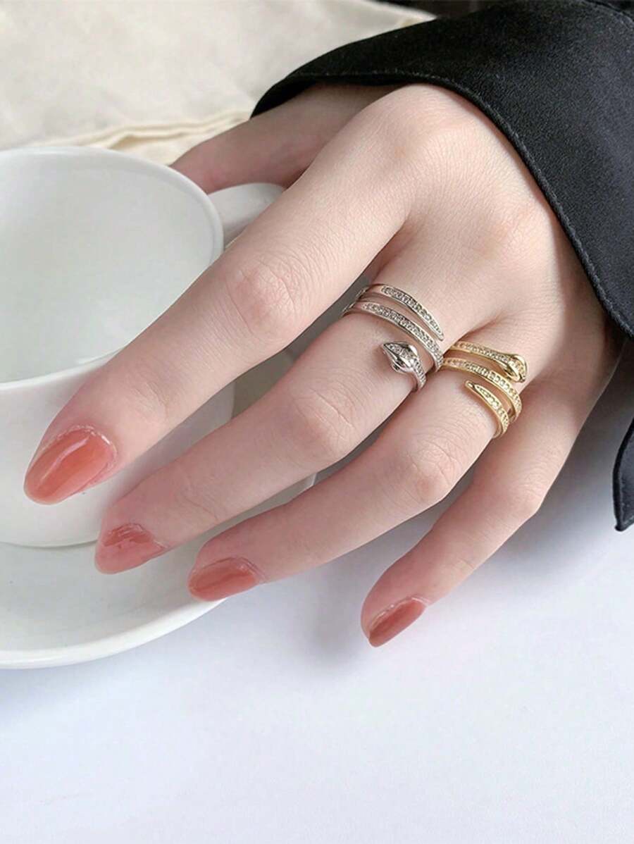 Anel de cobra estiloso de aço inoxidável, anel minimalista de cobra com strass para mulheres (feito à mão, pequenos arranhões são normais)
