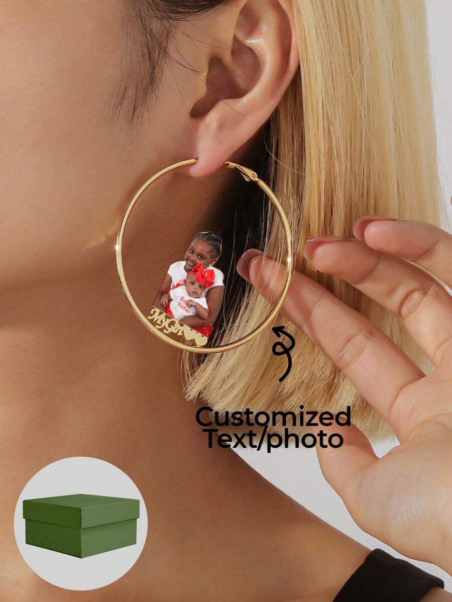 1 pièce Boucles d'oreilles créoles, Boucles d'oreilles créoles avec plaque signalétique, Boucles d'oreilles personnalisées avec photo, Cadeaux personnalisés pour elle, Personnalisation personnalisée d'images avec noms, Boucles d'oreilles , Styles , Styles familiaux, Articles uniques