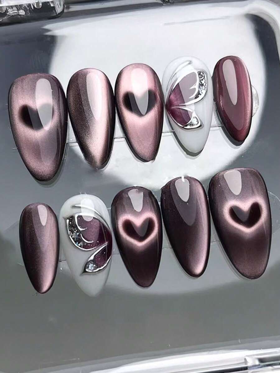 24pcs Butterfly, Cat Eye, Hollow Heart Shaped 3D Nail Stickers, EU/US Inspired Design, Removable, Suitable For Party, Wedding Or Daily Wear