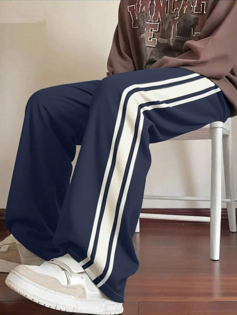 1 pieza Pantalones casuales y sueltos para hombre, pantalones de chándal para vacaciones en la playa, uso diario, deportes al aire libre, entrenamiento, correr, senderismo, ajuste suelto, moda streetwear, pantalones rectos a rayas