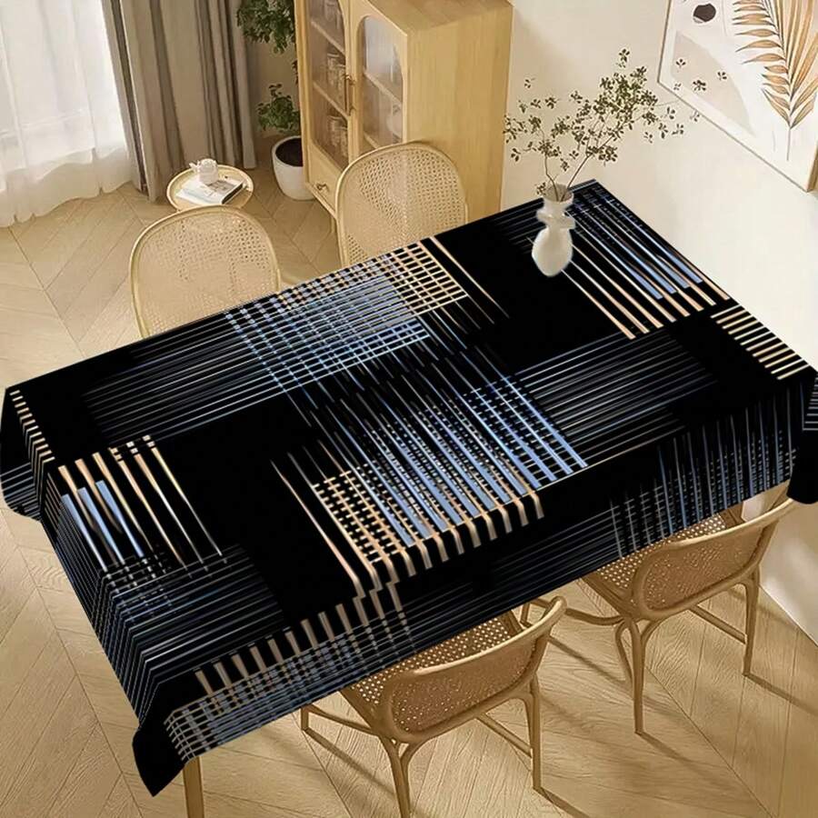 1/20pcs Classic Black Background Embellished Blue And Yellow Line Pattern Tablecloth, Vivid Image, Perfect For Indoor/Outdoor Decorations, Parties, Lunches And Dinners, Stylish Theme | Durable Tablecloths