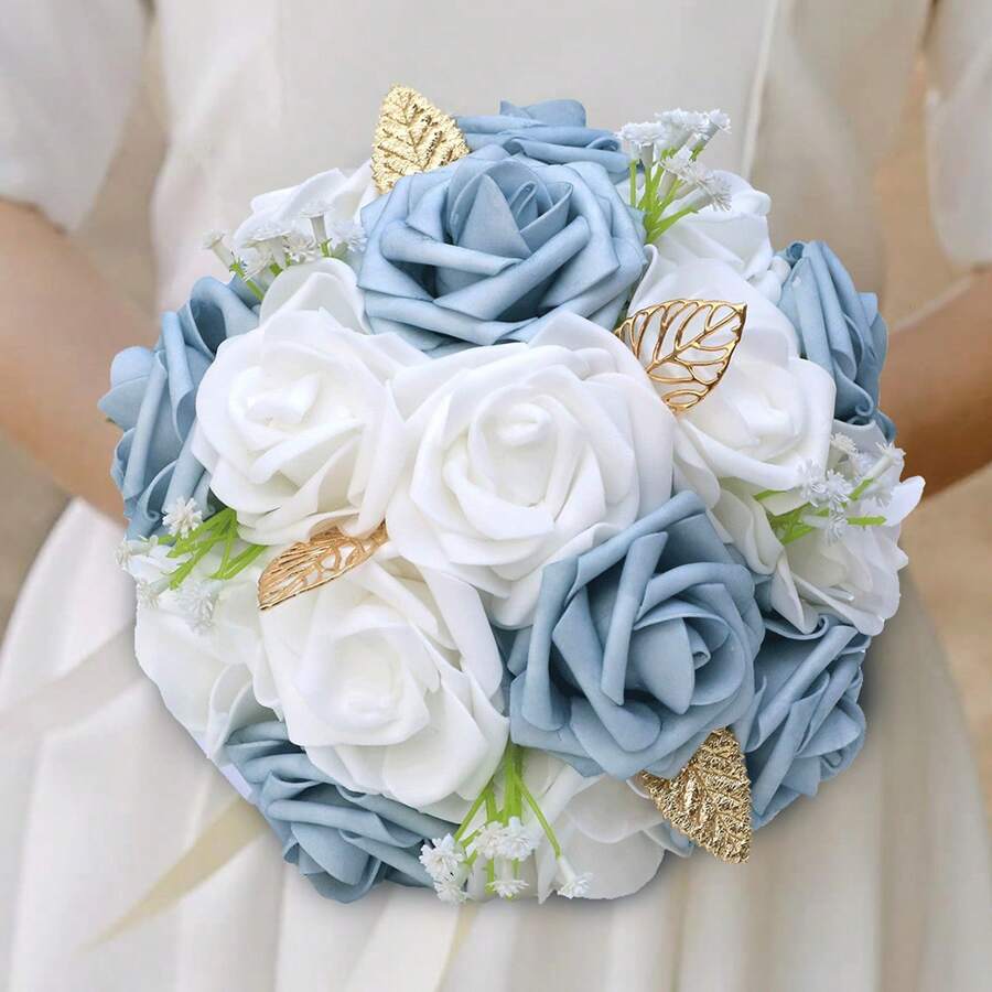 1 Stück eleganter blauer Rosenstrauß mit Satinband, Mori Stil Goldblatt Braut Brautjungfer Hochzeit Künstliche PE Schaum Rose Blumenstrauß PE407E