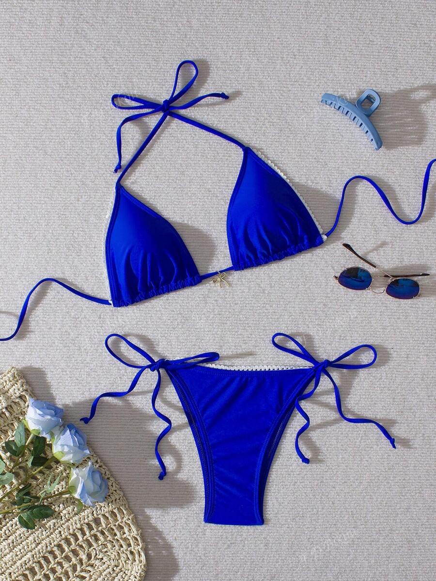Royal Blue Women S Sexy Bikini Two Pieces Set Accessories Have A Glossy Texture Summer Beach