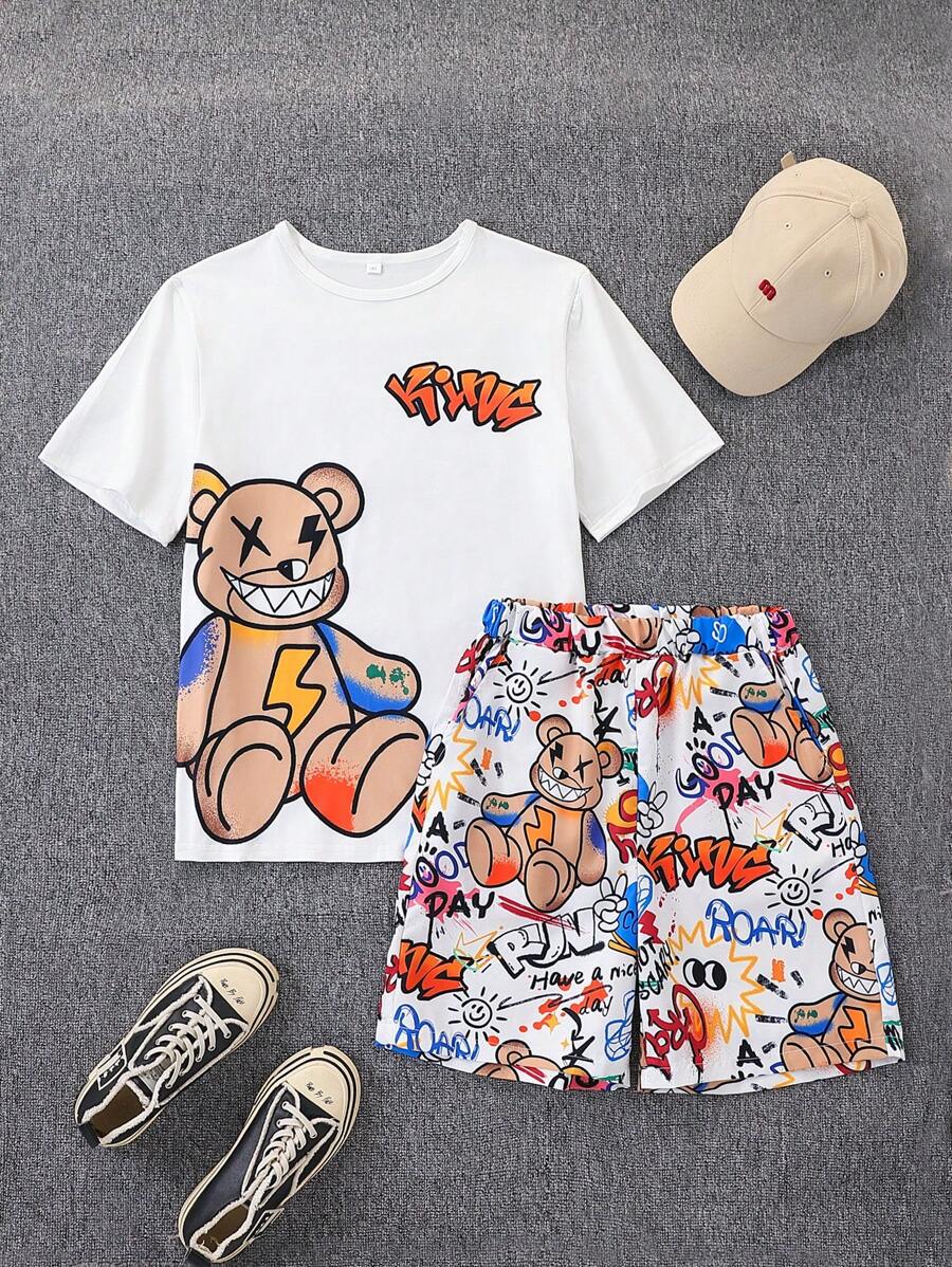 Set de 2 piezas de camiseta de manga corta con cuello redondo y estampado gráfico de oso y pantalones cortos con estampado total, informal y deportivo para adolescentes, versátil para el verano