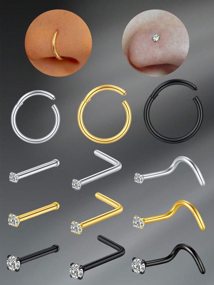 CIZME Conjunto de joyas de perforación de nariz y pendientes de 18/20G, que incluye: anillos de nariz de 8/10/12MM, aretes de aro, pendientes con forma de L con cristales de circonita, en acero inoxidable en color plateado, dorado y negro, para perforación de nariz y fosa nasal, para mujeres y hombres, con tornillo de nariz de 20G