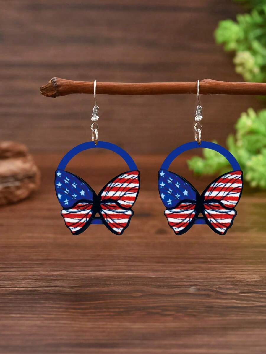 1 Pair Minimalist Versatile Independence Day Flag Color Wooden Slim Frame Butterfly Earrings