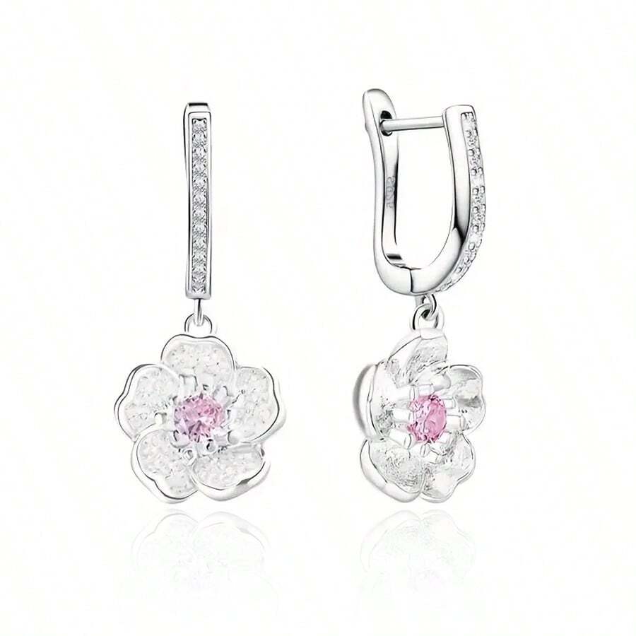 Orecchini pendenti eleganti in argento sterling 925 con zirconi cubici a forma di fiore, adatti per uso quotidiano, regalo per compleanno