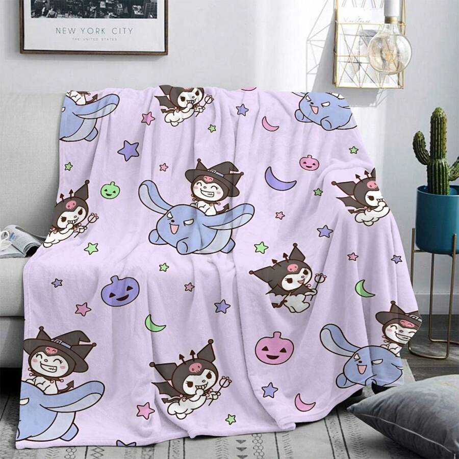 Sanrio 1 Stück Sanrio Kuromi Cartoon superweiches Flanelldecke, geeignet für Sofa, Bett, Büro, Schlafzimmer, Wohnzimmer, Heimdekoration Überwurf, ideales Geschenk zum Geburtstag oder Feiertagen, Ganzjährig verwendbar